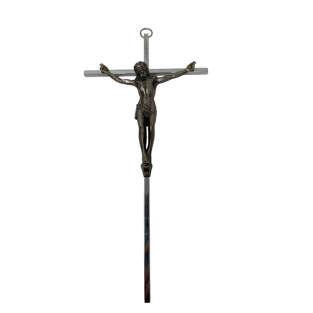 Vintage Silver Tone Wall Cross Crucifix with Jesus Christ Corpus 10” Tall INRI